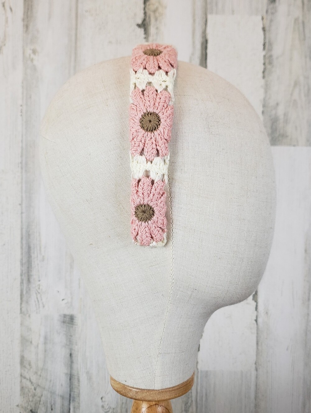 Handmade Pink Crochet Daisy Headband with Cream Accents